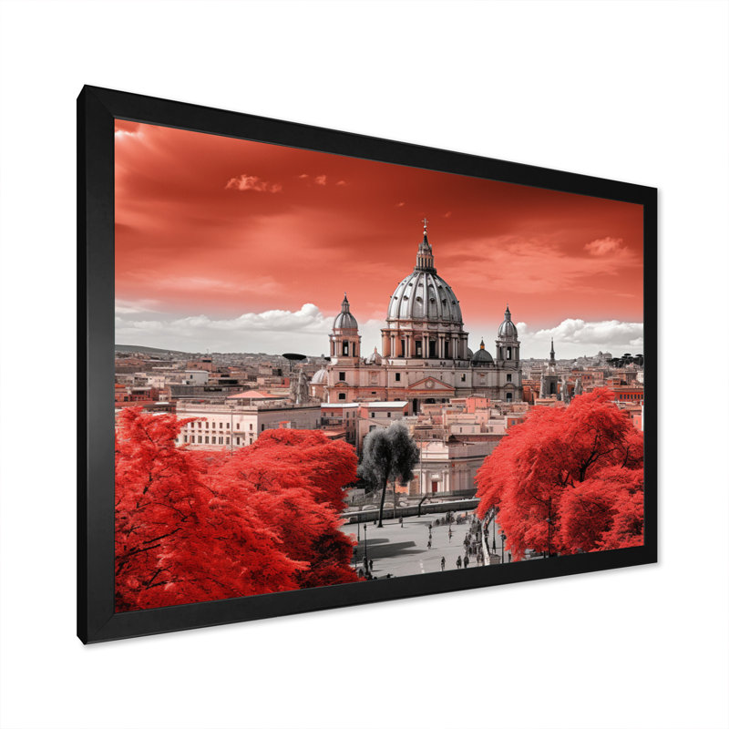 Paysage urbain monochrome rouge de Rome, Cadre simple noir, H 30 po x l 40 po x P 1,5 po