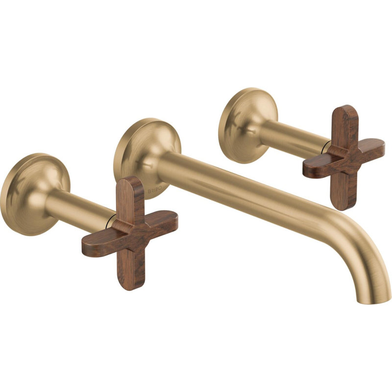 Odin® Two-Handle Wall Mount Lavatory Faucet, Cross Handle with Teak, Brilliance Luxe Gold, 1.5