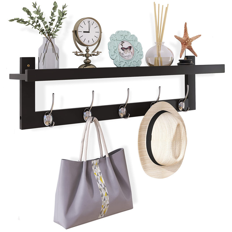 Aydian Solid Wood Wall 5 - Hook Wall Mounted Coat Rack, Black