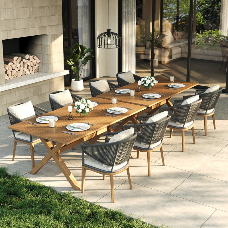 8 - Person Rectangular Outdoor Dining Set With Cushions, Beige Cushion/Brown Wood Frame, 10 Pcs: 2 Tables, 8 Chairs