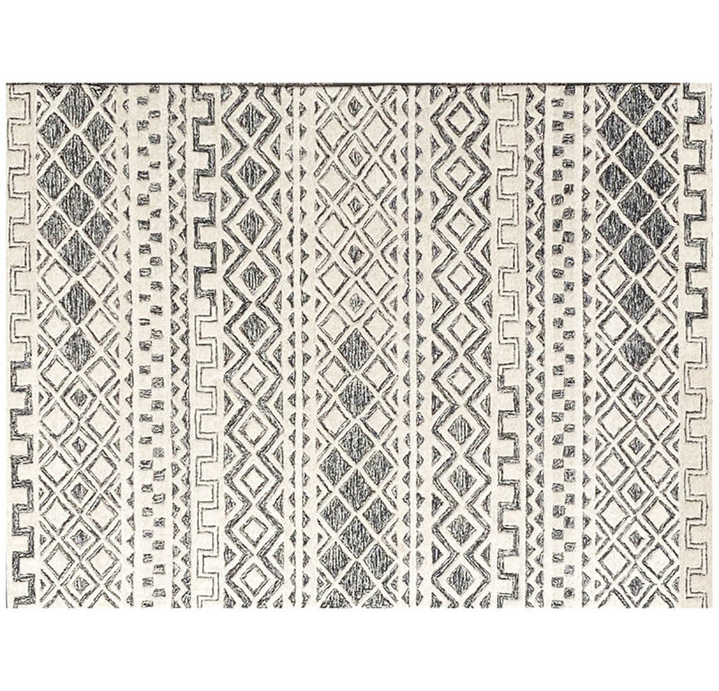 Tapis géométrique abstrait en laine touffeté à la main noir et ivoire 5 pi x 8 pi