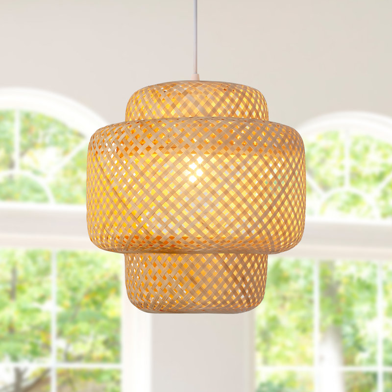 Pylesville 1 - Light Rustic Hand-Woven Bamboo Cylinder Pendant, 13.77" H x 11.81" W x 11.81" D, White