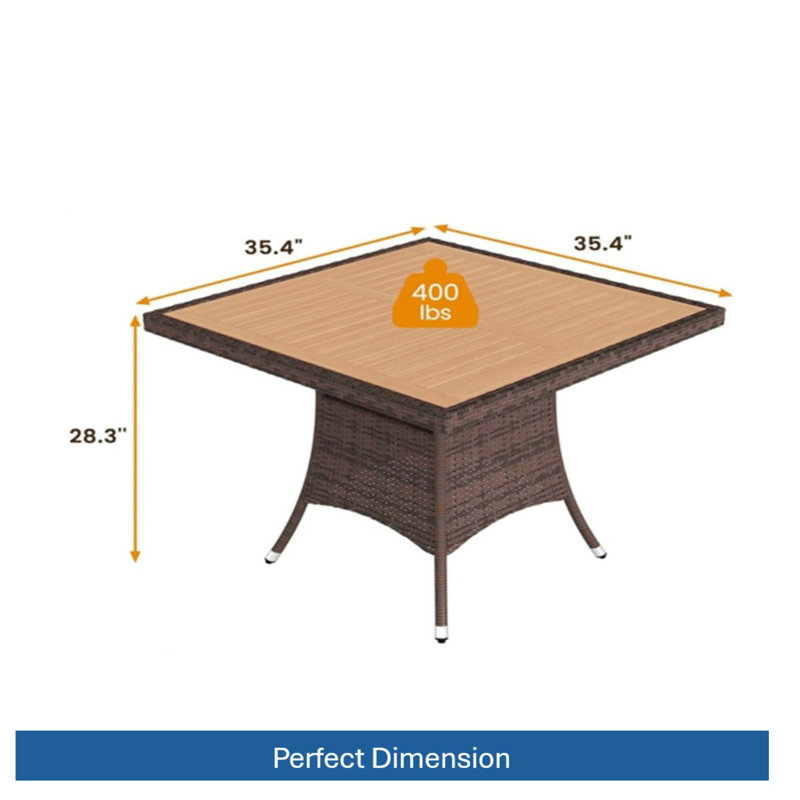 Table de salle à manger en rotin toutes saisons avec plateau en bois d'acacia, Brun