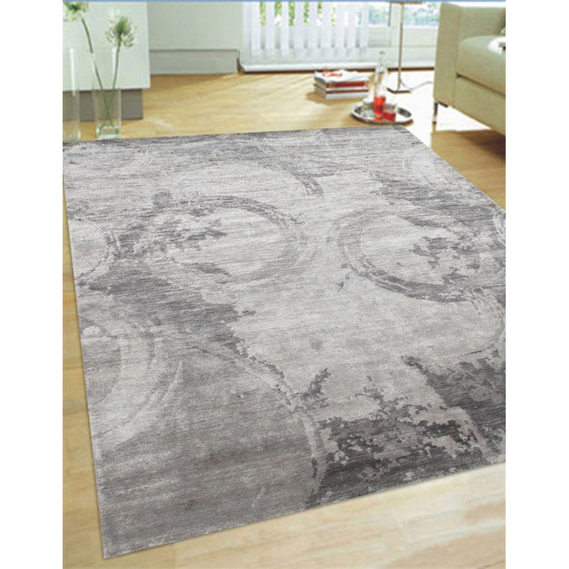 Modern Hand Knotted Wool Abstract Area Rug in Gray/White, Rectangle 5'6" x 8'6"