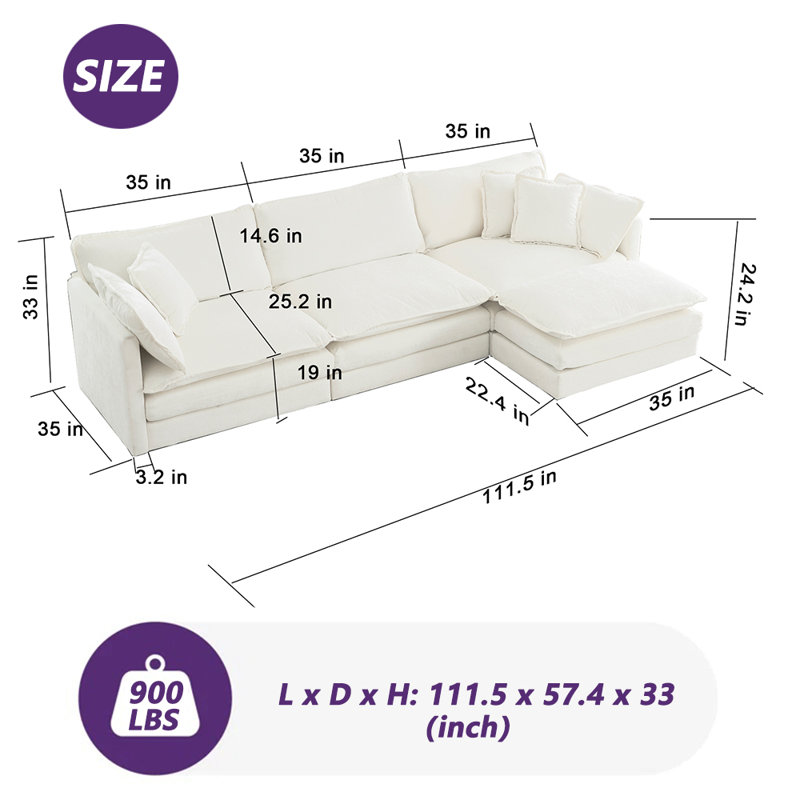 111.5" L-Shaped Modular Sectional Sofa With Movable Ottomans, White Chenille