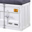 Banc de rangement moderne gris rembourré avec portes en métal et tablette de présentation