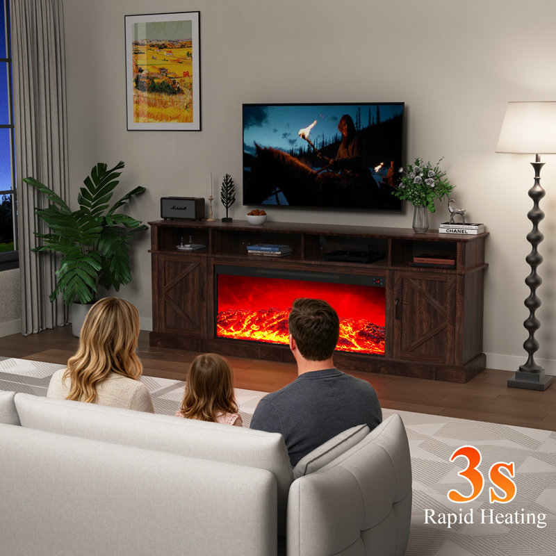 Meuble télé 85 po avec foyer électrique 85 po, armoires à double porte avec minuterie et température réglable, Brun
