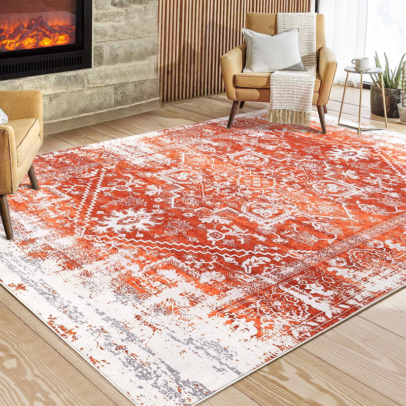 Washable Floral Print Traditional Medallion Area Rug Soft Low Pile Floor Carpet, Rectangle 5' x 7'