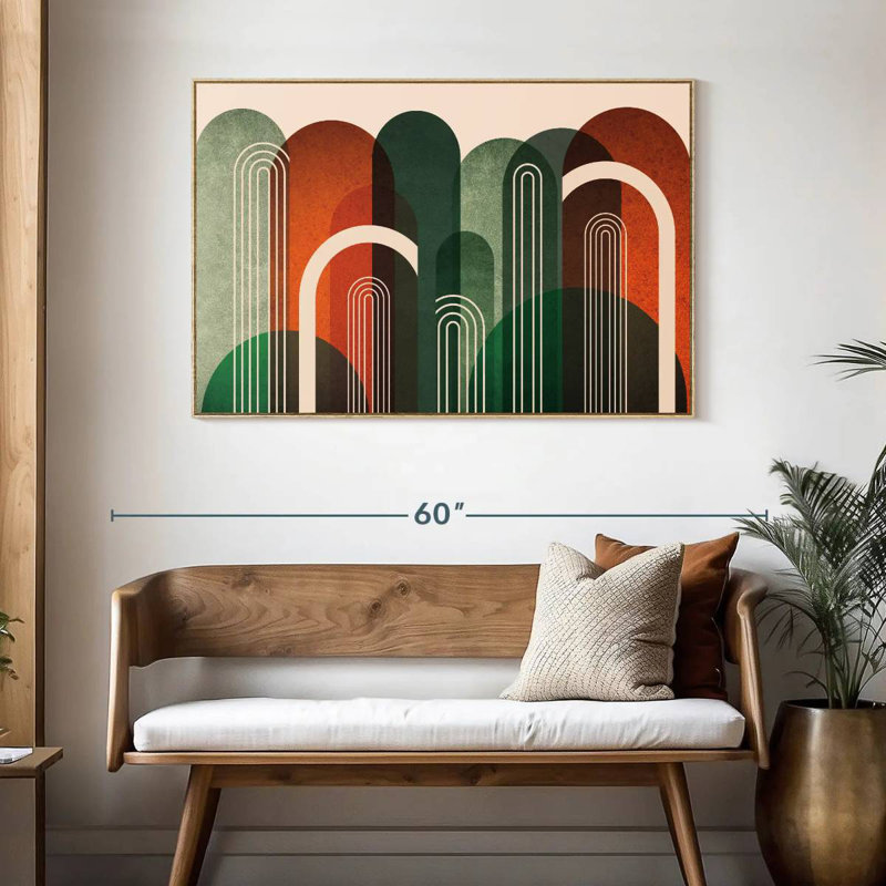 Mid-Century Arches Orange Green, Floating Frame Natural Wood, 46" X 31"