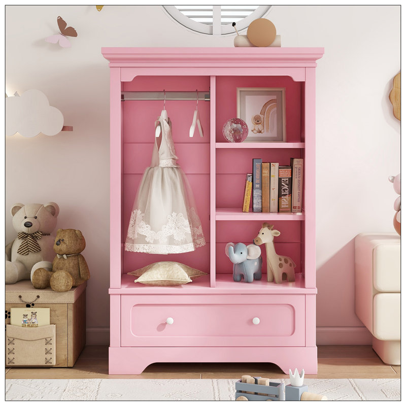 Garde-robe ouverte pour enfants avec une tringle suspendue et des tablettes ouvertes, un grand tiroir, une conception basse près du sol pour un accès facile
