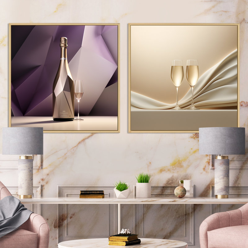 Cubes, raisin, champagne, géométrie, champagne, ensemble de collages carrés, Cadre flottant brun, H 36 po x l 73 po