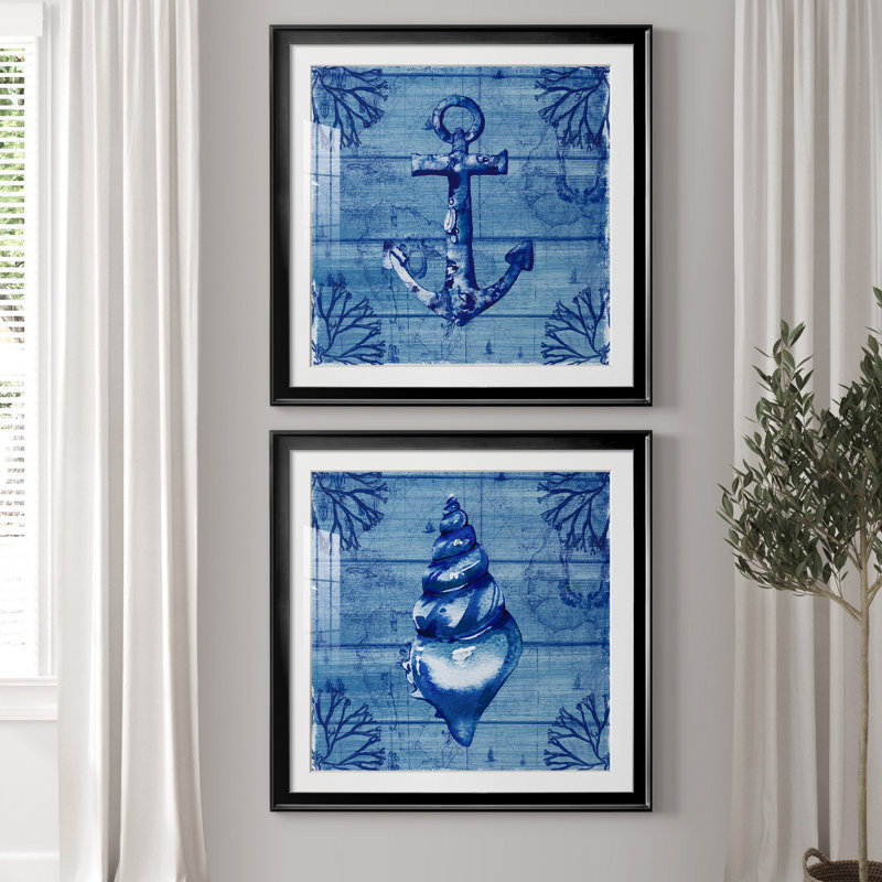 Indigo Anchor - ensemble de 2 reproductions d'art encadrées, Papier encadré noir, Blanc, H 30,5 po x l 61 po x P 1,5 po