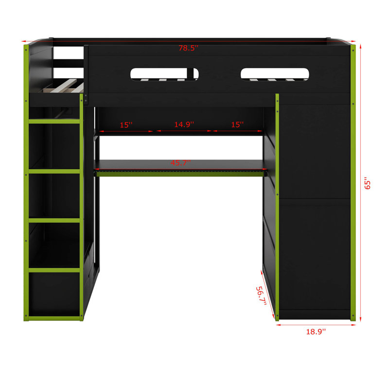 Full Size Wood Gaming Loft Bed With Built-In Desk, RGB LED Lighting, USB Port, Wardrobe & Storage, Green