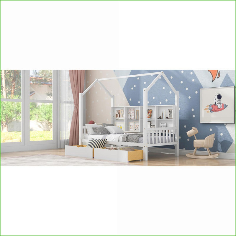 Lit plateforme simple en pin avec tiroirs de rangement et amp; Tablette - maisonnette blanche