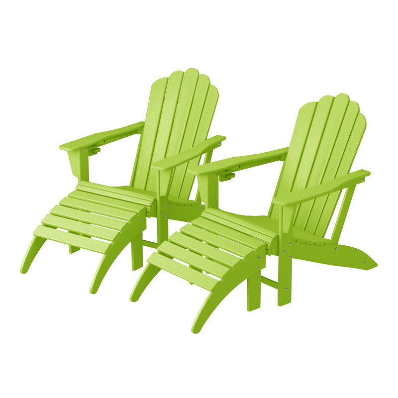 Outdoor Poly Adirondack Chair With Ottoman 4-Piece Set, Lime Green
