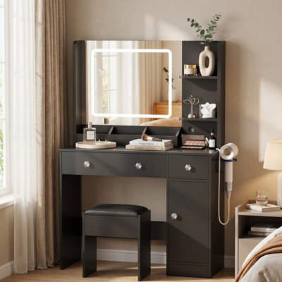 Makeup Vanity Dressing Table with Lighted Mirror & Power Outlet Charging Station, 3-Color Lighting, Drawers & Storage Cabinet