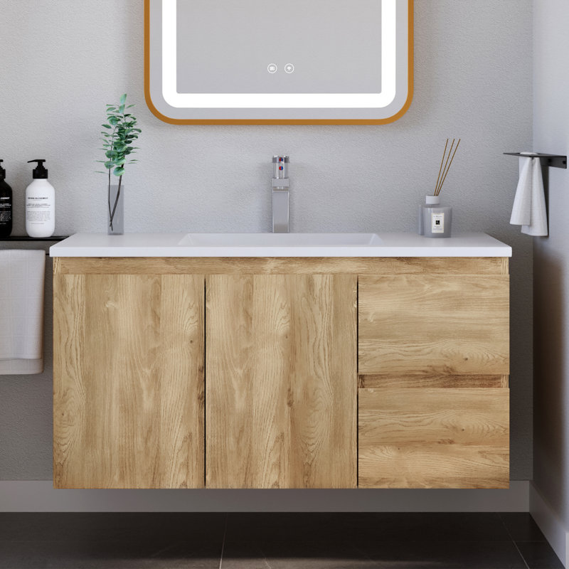 Meuble-lavabo flottant 36 po avec lavabo, deux tiroirs et portes, armoire de rangement murale 36 po avec lavabo en céramique encastrable