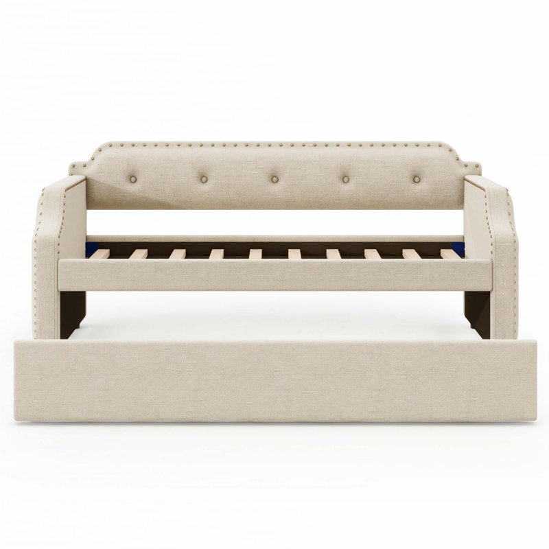 Upholstered Daybed with Trundle, Wood Slat Support,Upholstered Frame Sofa Bed, Beige