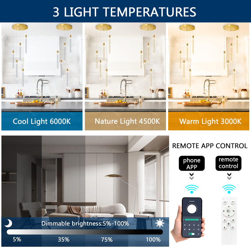 Lustre en cristal 5 lumières à intensité variable Glam, H 60 po x l 9,8 po x P 9,8 po, Doré, 5 lumières