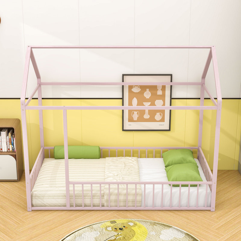 Twin Metal House Bed With Fence-Style Guardrails, Pink