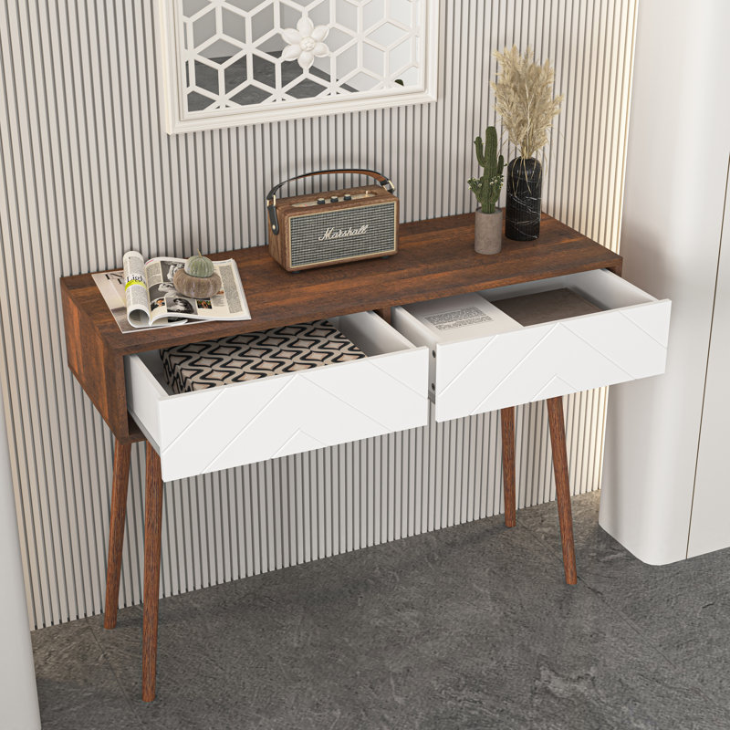 Entryway Table With 2 Carved Panel Drawers, Console Table With Storage Space And Wood Legs,Sofa Table Behind Couch For Hallway, Living Room, Natural Colour