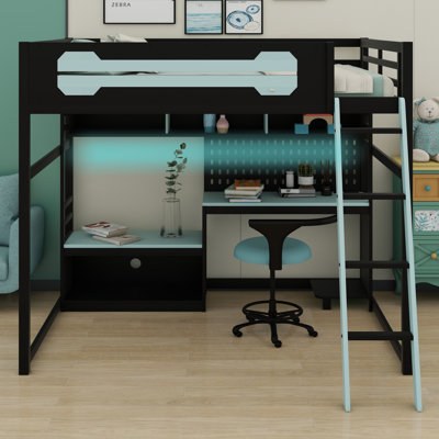 Wood Loft Bed With Desk, Shelves, LED Lights, USB Ports And Pegboard
