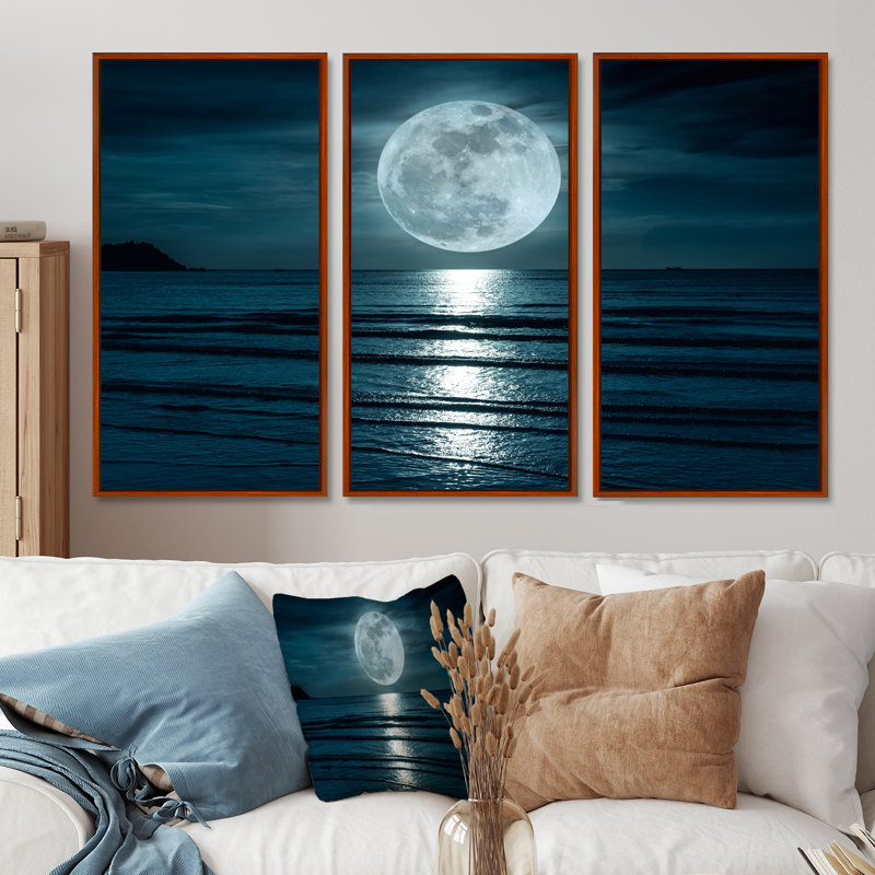 Super Moon Over The Sea I - ensemble d'art mural moderne sur toile encadrée 3, H 28 po x l 36 po, Brun