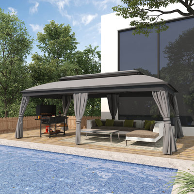 Pavillon de jardin extérieur 10 pi x 20 pi, pavillon de jardin à deux niveaux avec toit en polyester enduit de polyuréthane, structure en fer robuste, imperméable et résistant aux rayons UV, rideaux et moustiquaires résistants aux moustiques