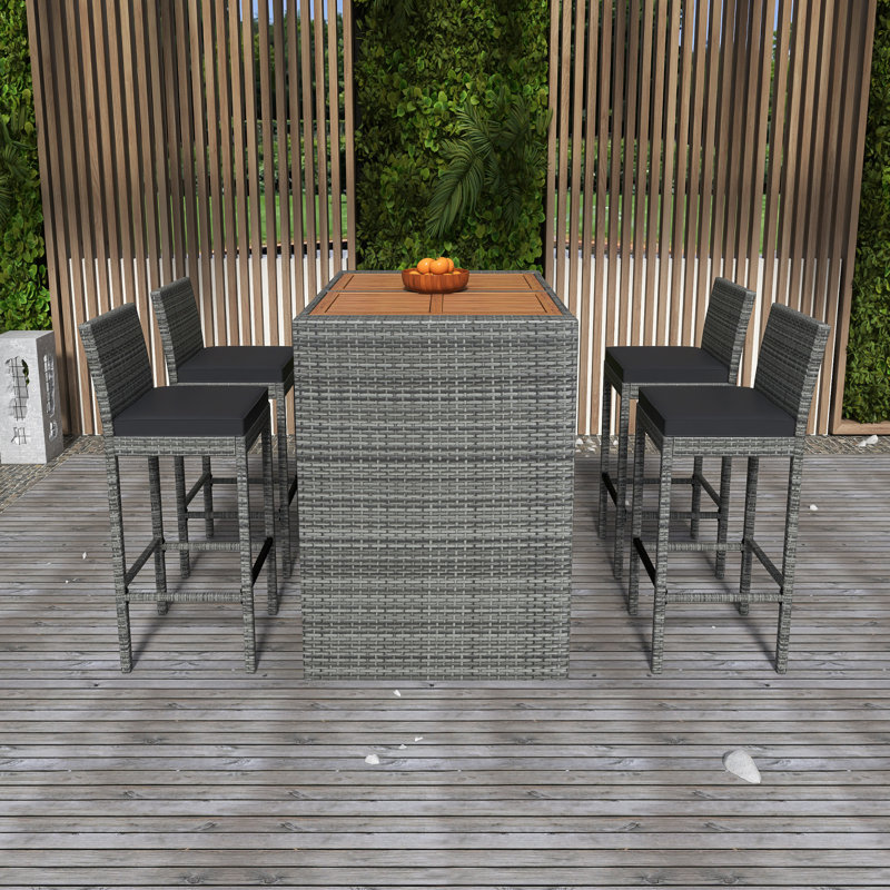 5-Pieces Outdoor Patio Wicker Bar Set, Bar Height Chairs With Non-Slip Feet And Fixed Rope