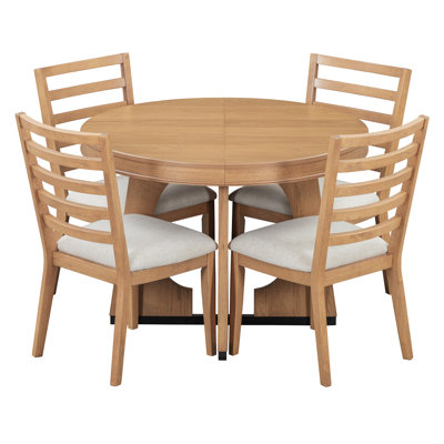 5-Piece Retro Rustic Functional Dining Set Unique Geometric Design, 1 Extendable Table With A 16-Inch Leaf And 4 Upholstered Chairs Ideal For Dining R -  Lark Manor™, C4BFE3C2211A4D37BE64E92F23B5C69A