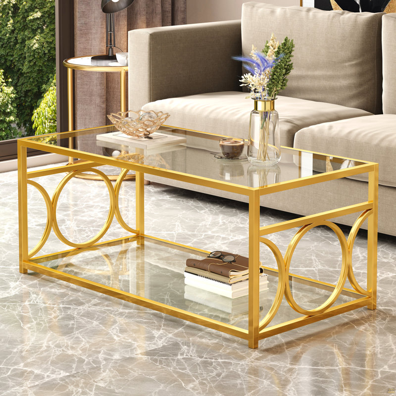 Table basse en verre de luxe moderne avec structure en métal doré, table basse rectangulaire avec tablette de rangement inférieure, table de centre Art déco pour le salon