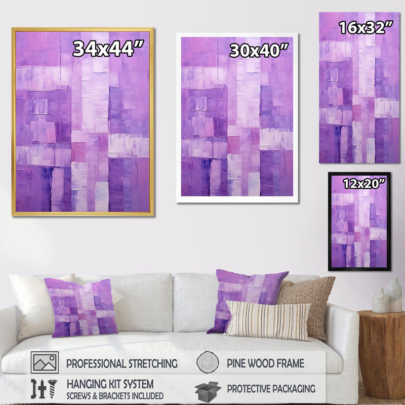 Art Deco Lavender Abstract Lines - reproduction sur toile, H 32 po x l 16 po x P 1 po, Cadre simple noir