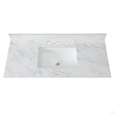 Dessus de meuble-lavabo 31 po x 22 po, dessus de meuble-lavabo en pierre frittée blanc Carra avec lavabo rectangulaire encastré en céramique 