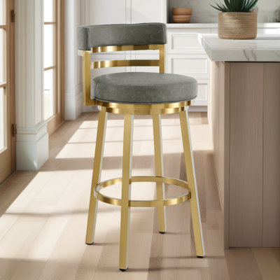 Deherrera Modern Swivel Counter or Bar Stool with Open Low Back and Footrest in Metal and Faux Leather