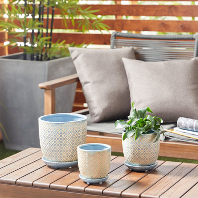 Ensemble de 3 pots de fleurs d'intérieur en céramique avec soucoupe attachée