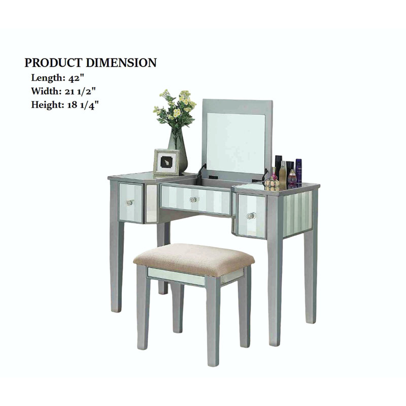 Transitional Style  1Pc Vanity W/ Stool Set Core Design Storage Drawers Central Mirror Padded Stool Bedroom Furniture, Silver