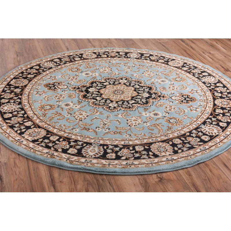 Belliere Medallion Kashan Light Blue Traditional Rug, Round 5'3" x 5'3"