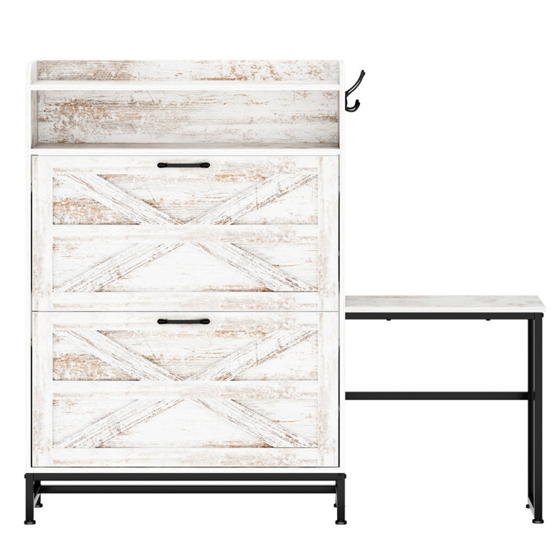 Commode à chaussures d'entrée au fini blanc, 2 tiroirs rabattables avec fentes réglables, rétro rustique, basculant, armoire de construction: blanc, tiroir amovible charmant et fonctionnalité