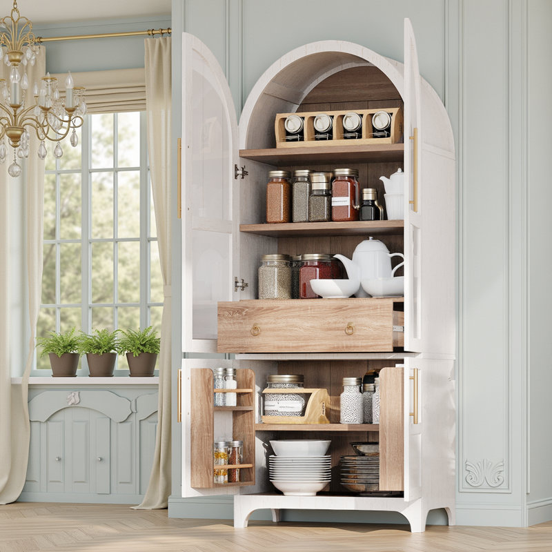 4 Doors Arched Two-Tone Kitchen Pantry Cabinet with Adjustable Shelves and Hidden Drawer, White