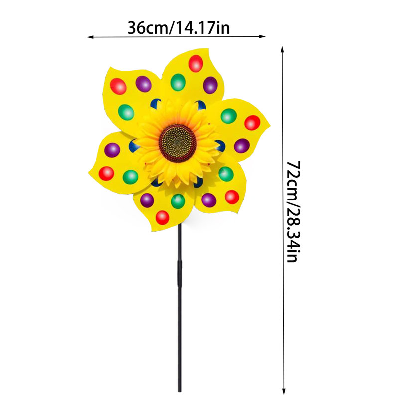 Moulin à vent de tournesol de 14 po de diamètre avec accessoires, décoration de jardin extérieur, pois colorés jaunes