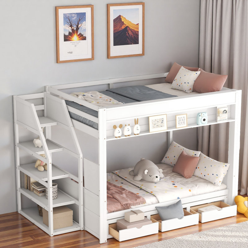 Lit superposé convertible avec escalier de rangement, table de chevet et 3 tiroirs, Blanc / Blanc