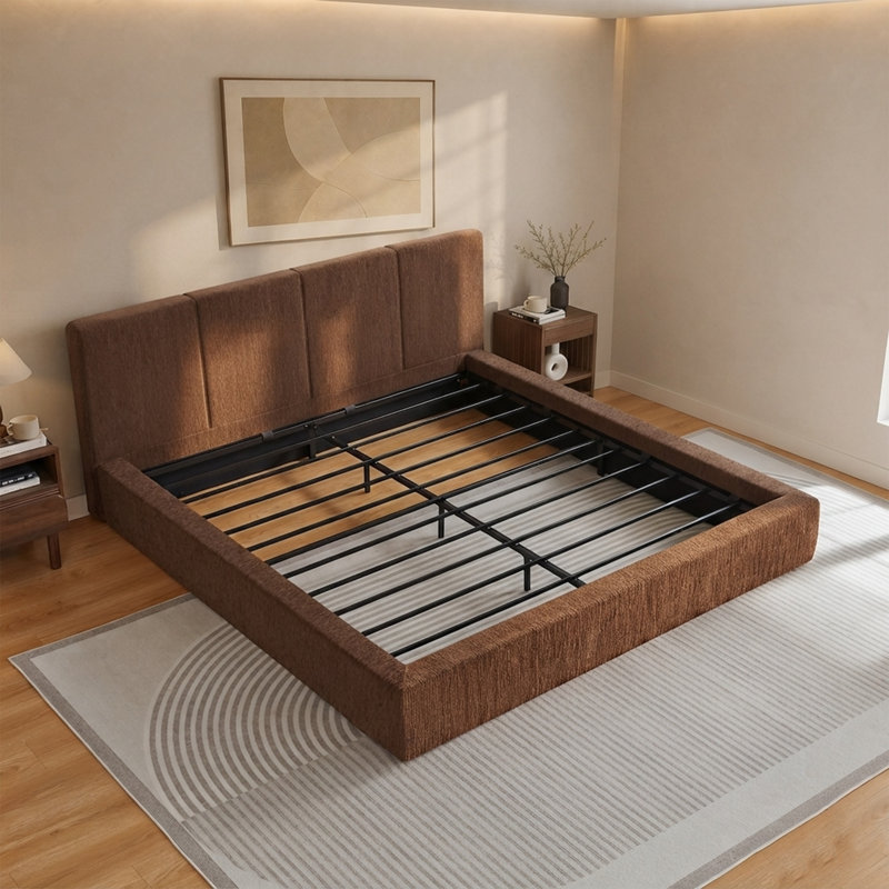 Structure de lit plateforme tapissier avec tête de lit, base de lit moderne de style nuage, aucun sommier requis, Brun