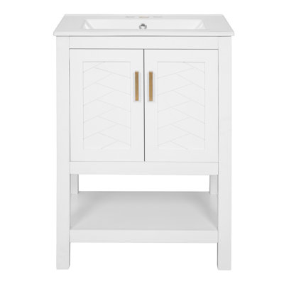 Meuble-lavabo autoportant de 24 po avec lavabo en céramique, armoire de rangement en mélange de bois massif avec conception en sergé 3D et tablette réglable, noir / blanc / bleu