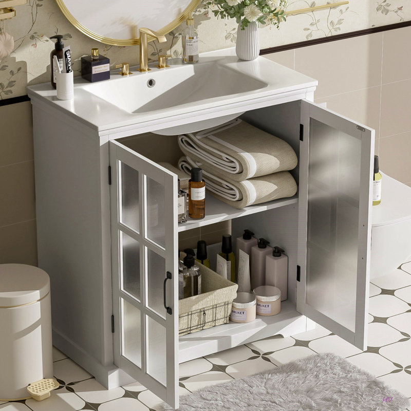 Meuble-lavabo moderne de 30 po avec lavabo en céramique, meuble-lavabo avec verre trempé et poignées, grand espace de rangement et structure en bois d'hévéa