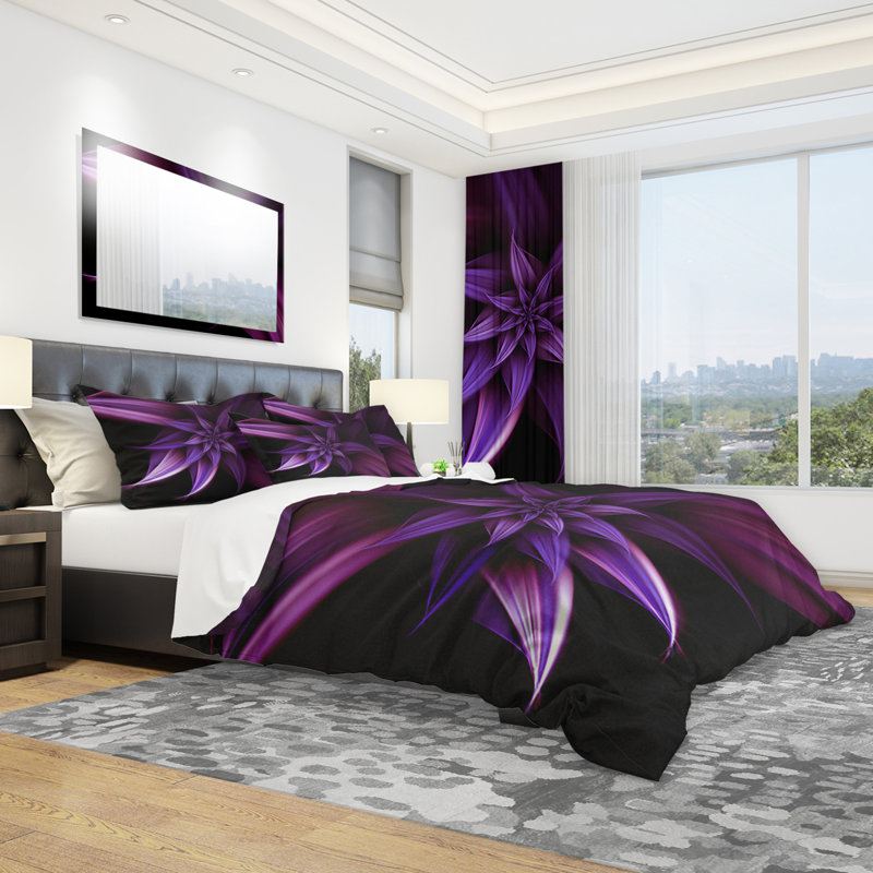 Fractal Flower Purple - Floral Duvet Cover Set - Microfiber Polyester, King Duvet Cover + 2 Shams