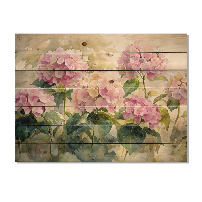 Hortensias dans un jardin d'été II - décoration murale en bois d'hortensias - sur bois de pin naturel, H 10 po x l 20 po