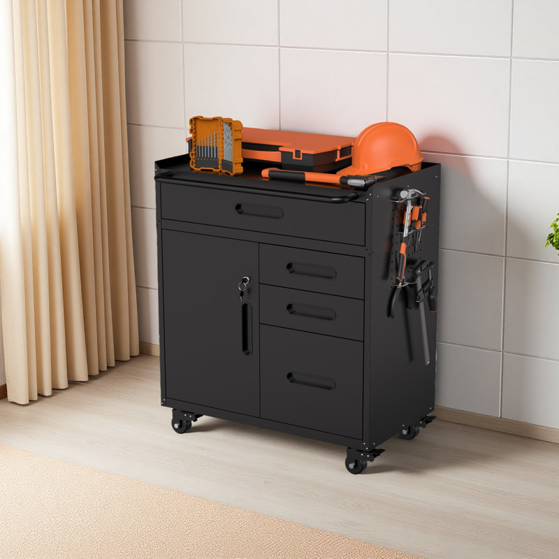 34.3" Mobile Tool Storage Cabinet - Garage Organizer With Lockable Compartment & 4 Drawers, Rolling Steel Chest For Workshop And Home Garage