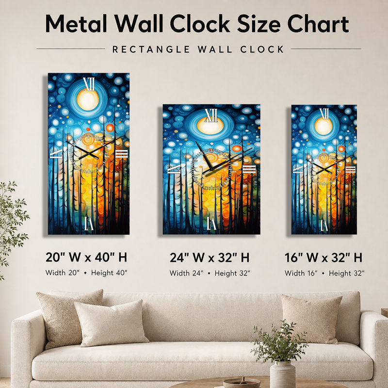 Promenade estivale au clair de lune en forêt I - Grande horloge murale céleste en métal, H 32 po x l 24 po - Rectangle