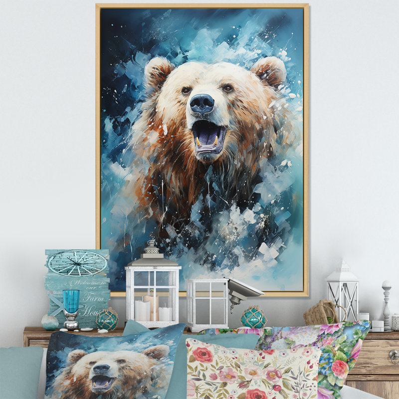Ours abstrait en mouvement sur toile, H 40 po x l 30 po x P 1,5 po, Cadre naturel flottant