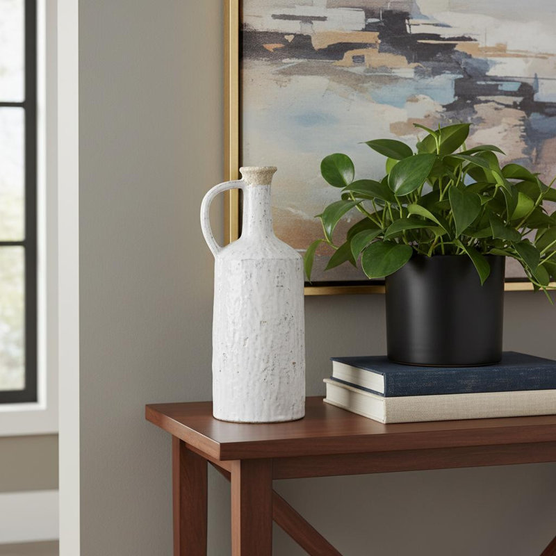 13" White Terracotta Cylinder Jug Vase